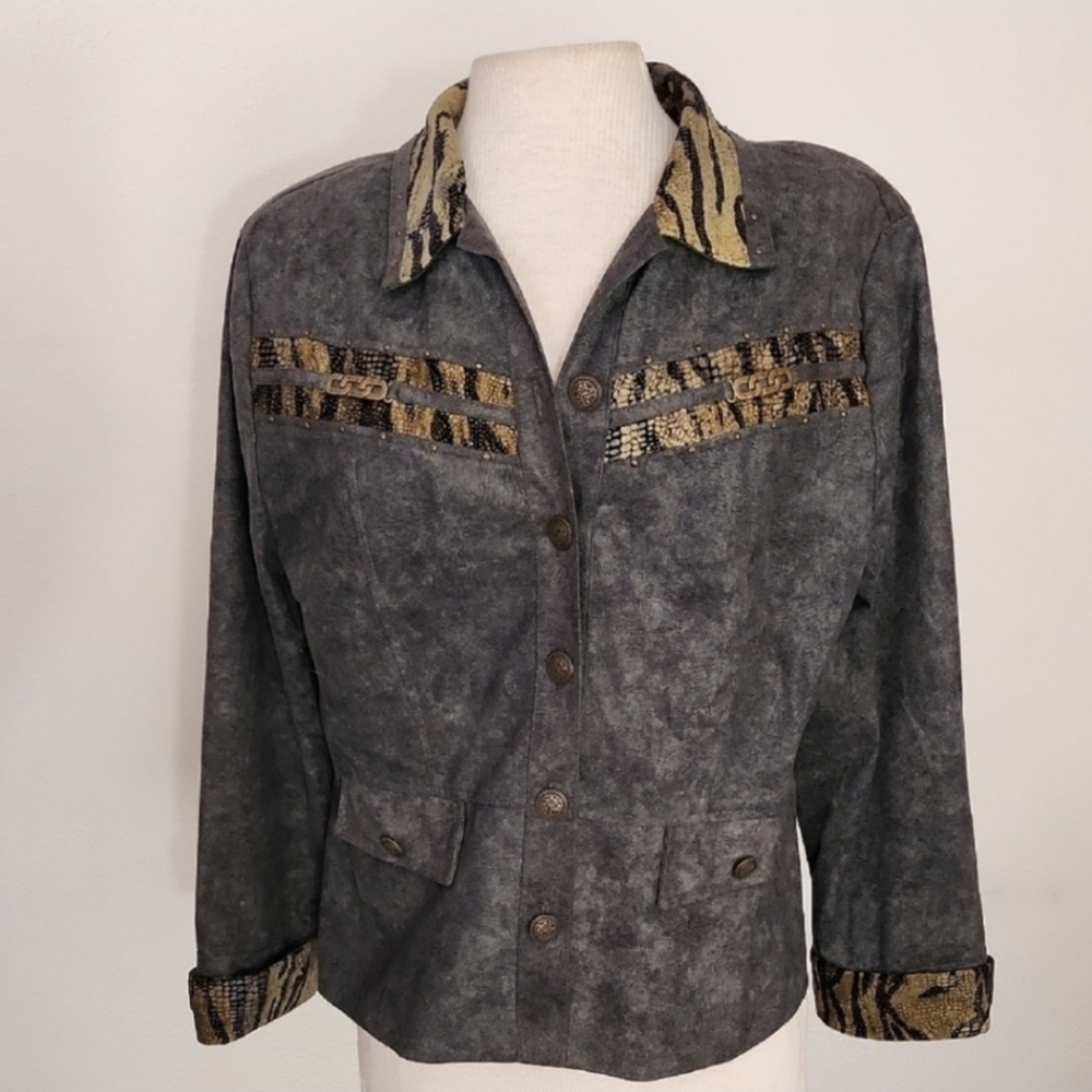 Nancy Bolen Jacket Faux Suede with Animal Print Accents Green Plus Size 14 - Picture 12 of 15